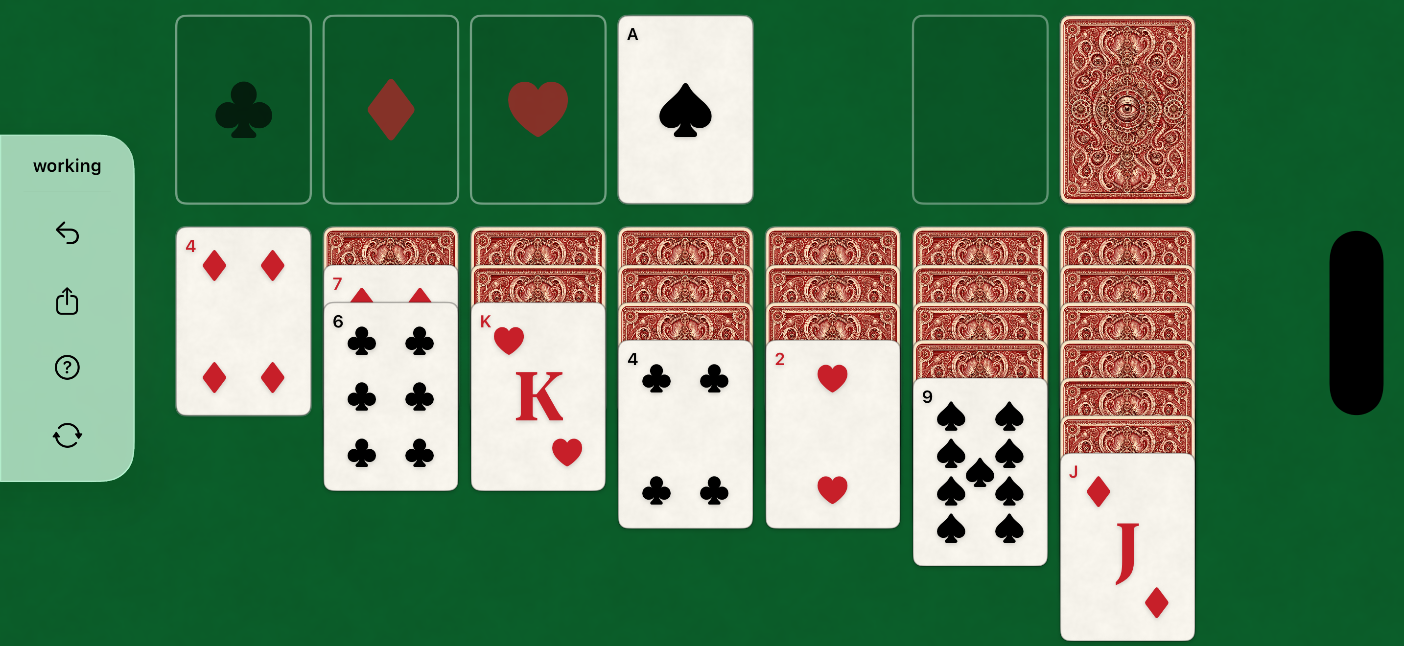 A game of Cassandra’s Deal in progress, with seven tableau columns, foundations, stock, waste, and a winnability indicator.